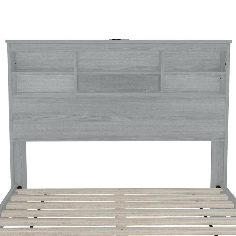Lit plateforme queen size avec tête de lit de rangement et ports USB