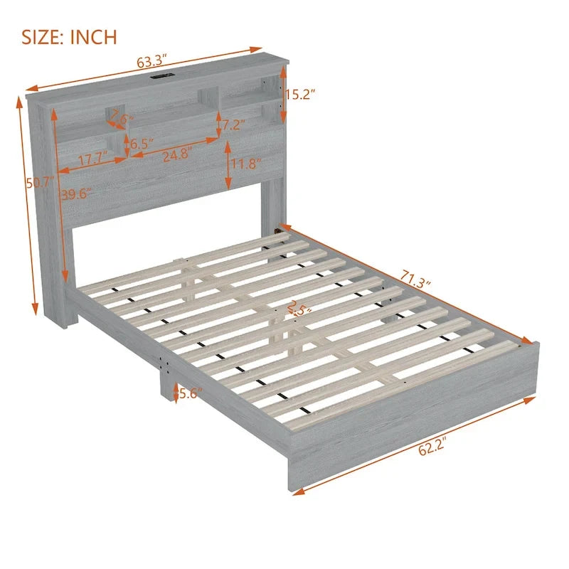 Lit plateforme queen size avec tête de lit de rangement et ports USB