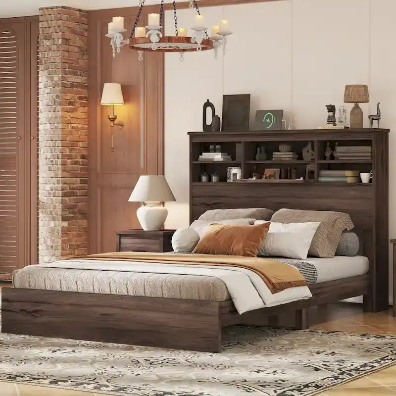 Lit plateforme queen size avec tête de lit de rangement et ports USB