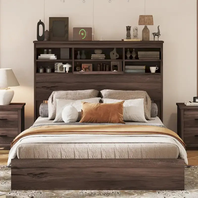 Lit plateforme queen size avec tête de lit de rangement et ports USB