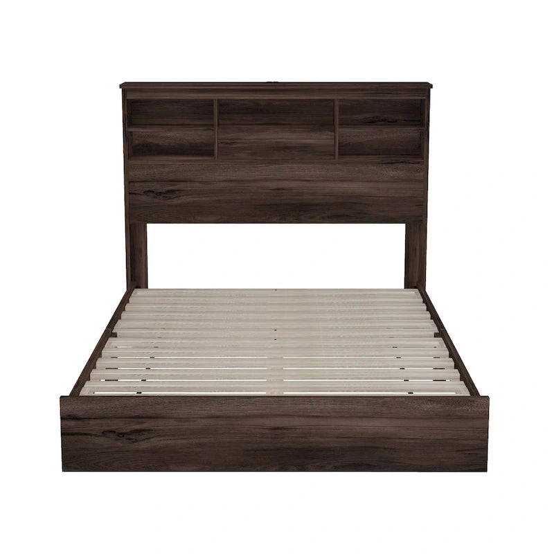 Lit plateforme queen size avec tête de lit de rangement et ports USB