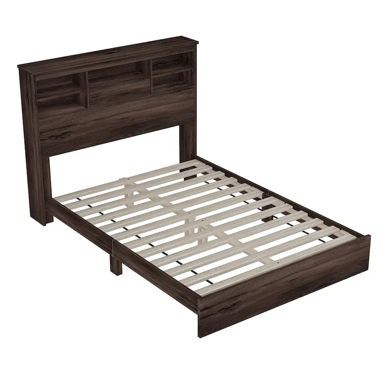 Lit plateforme queen size avec tête de lit de rangement et ports USB