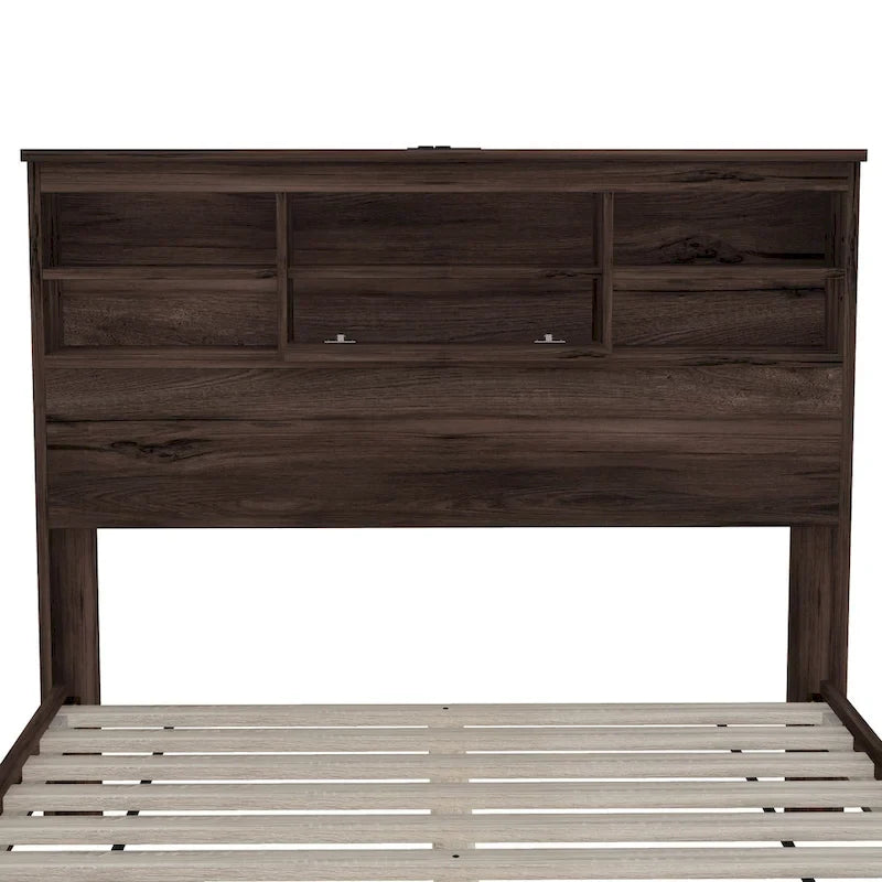 Lit plateforme queen size avec tête de lit de rangement et ports USB