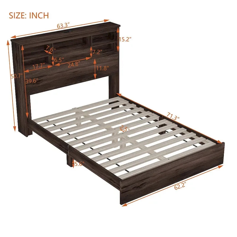 Lit plateforme queen size avec tête de lit de rangement et ports USB