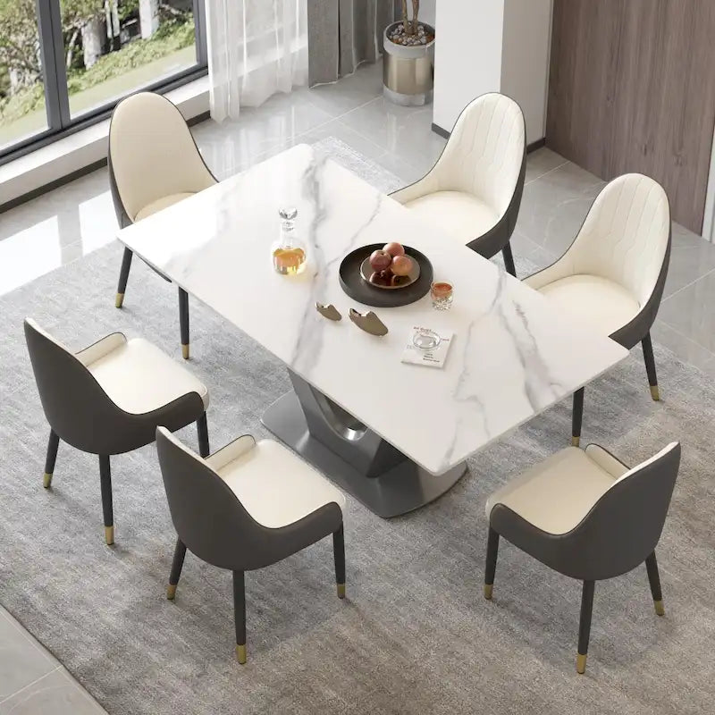 Table de salle à manger rectangulaire en pierre frittée avec piètement en V en acier inoxydable