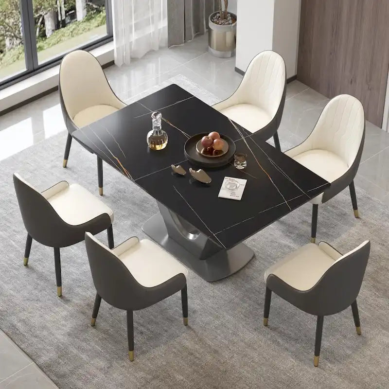 Table de salle à manger rectangulaire en pierre frittée avec piètement en V en acier inoxydable