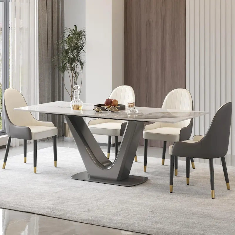 Table de salle à manger rectangulaire en pierre frittée avec piètement en V en acier inoxydable