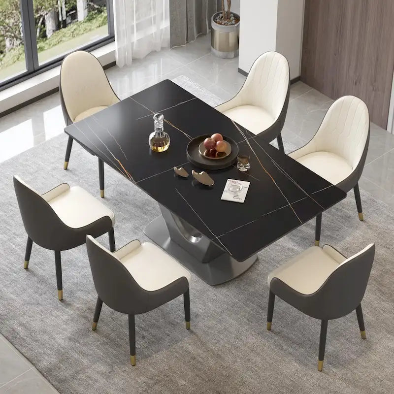 Table de salle à manger rectangulaire en pierre frittée avec piètement en V en acier inoxydable