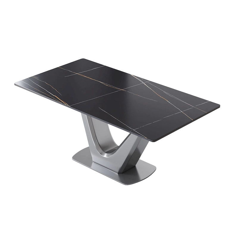 Table de salle à manger rectangulaire en pierre frittée avec piètement en V en acier inoxydable
