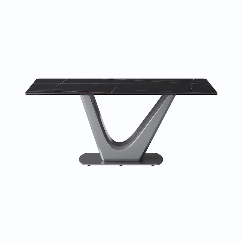 Table de salle à manger rectangulaire en pierre frittée avec piètement en V en acier inoxydable