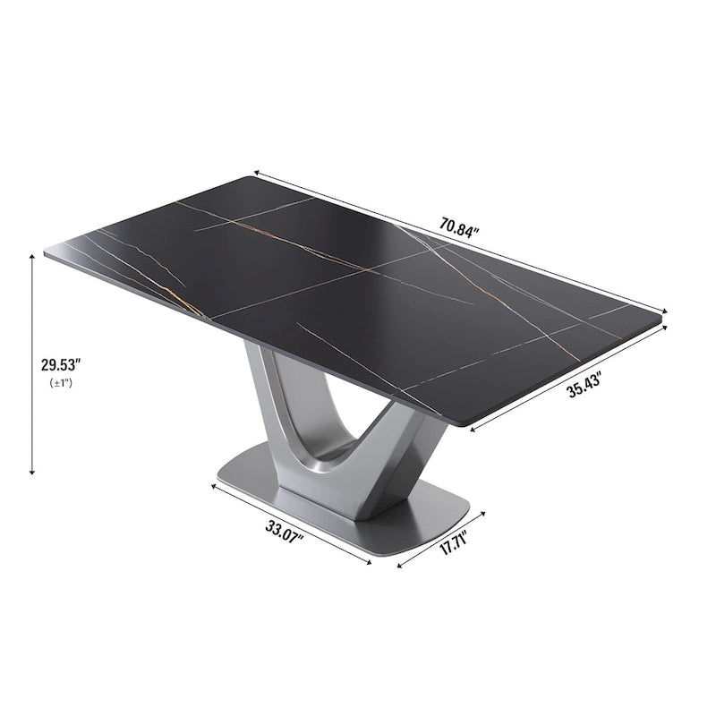 Table de salle à manger rectangulaire en pierre frittée avec piètement en V en acier inoxydable