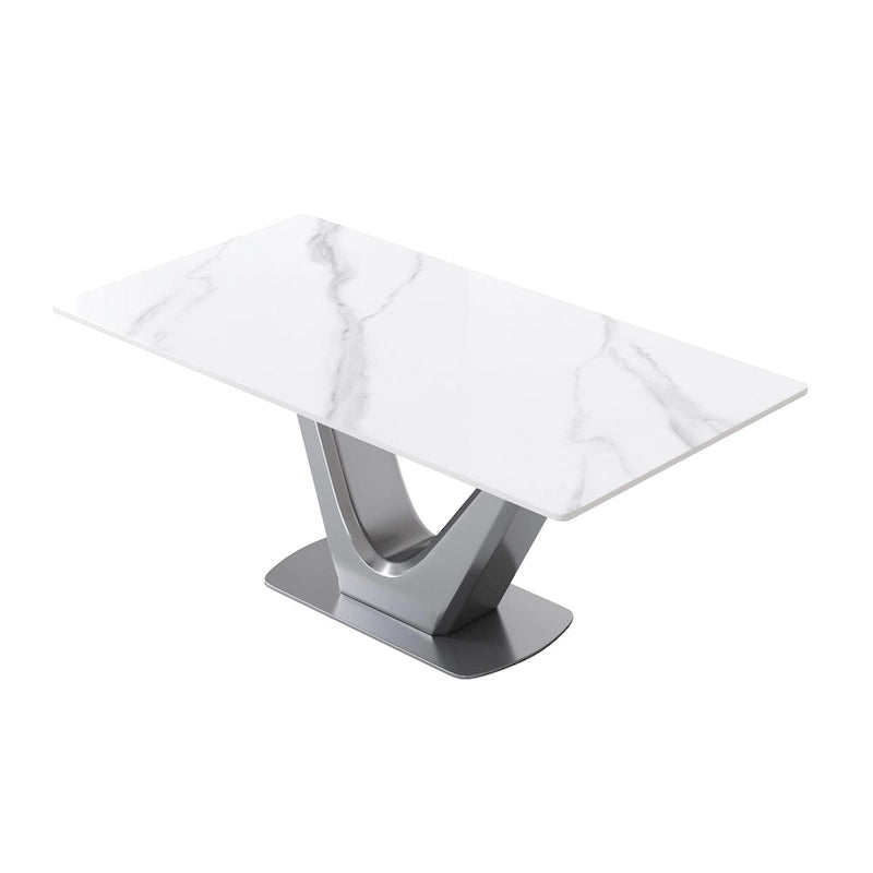 Table de salle à manger rectangulaire en pierre frittée avec piètement en V en acier inoxydable