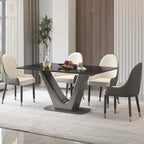 Table de salle à manger rectangulaire en pierre frittée avec piètement en V en acier inoxydable