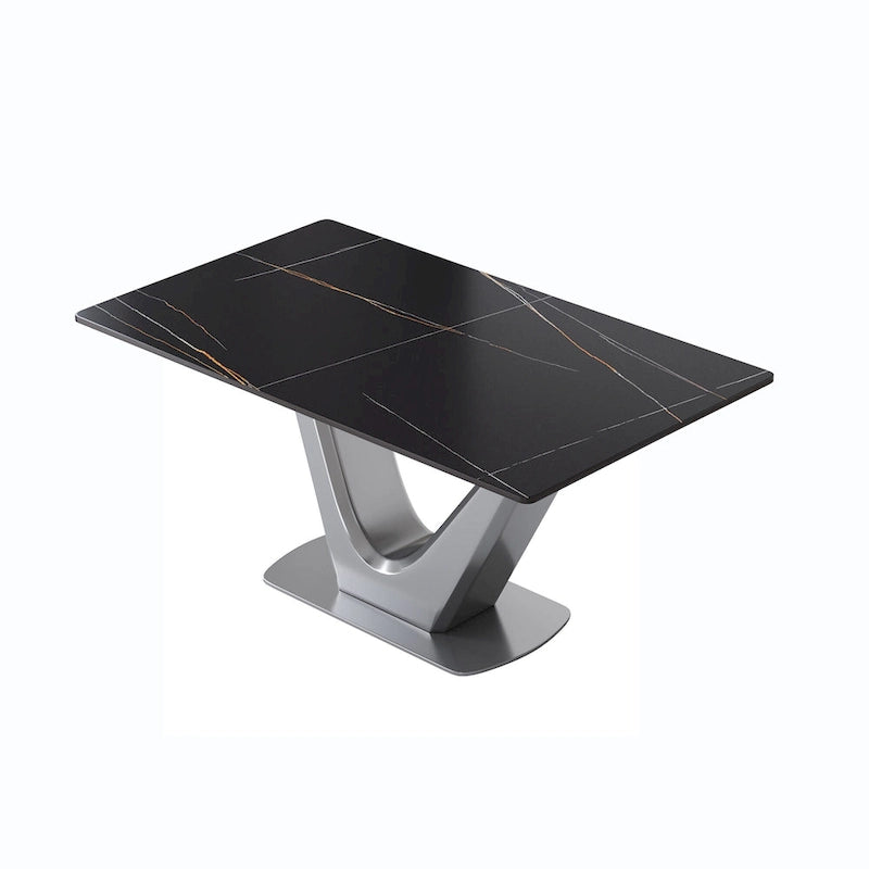 Table de salle à manger rectangulaire en pierre frittée avec piètement en V en acier inoxydable
