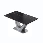 Table de salle à manger rectangulaire en pierre frittée avec piètement en V en acier inoxydable