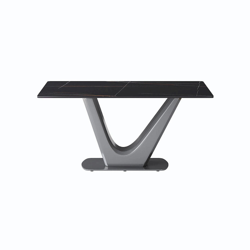 Table de salle à manger rectangulaire en pierre frittée avec piètement en V en acier inoxydable