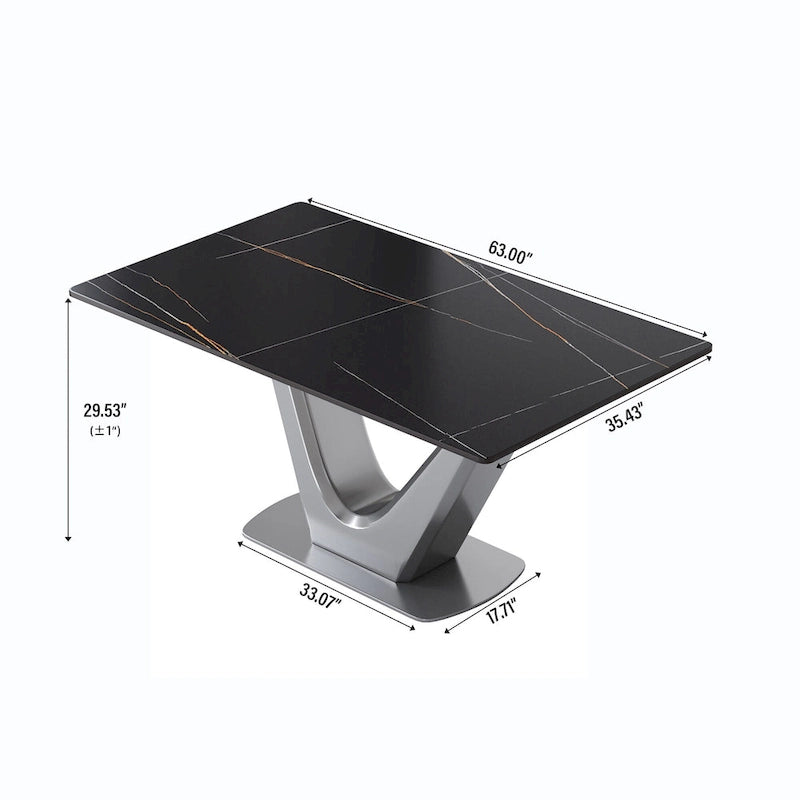 Table de salle à manger rectangulaire en pierre frittée avec piètement en V en acier inoxydable