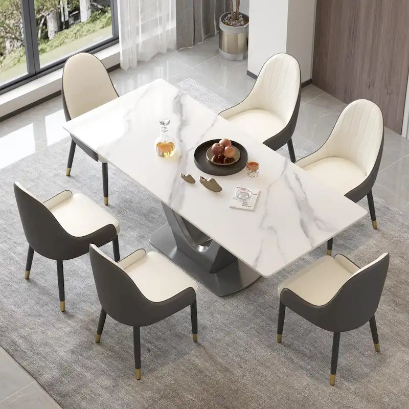 Table de salle à manger rectangulaire en pierre frittée avec piètement en V en acier inoxydable