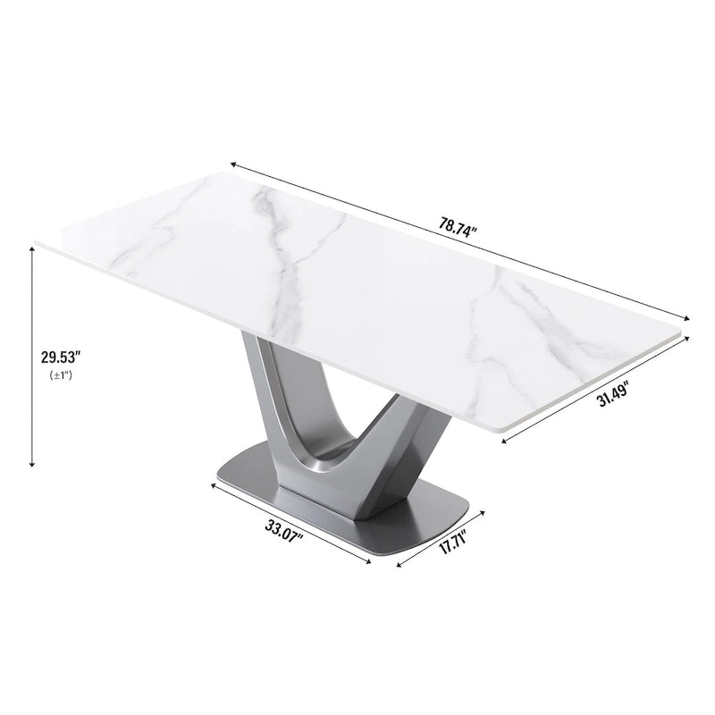 Table de salle à manger rectangulaire en pierre frittée avec piètement en V en acier inoxydable