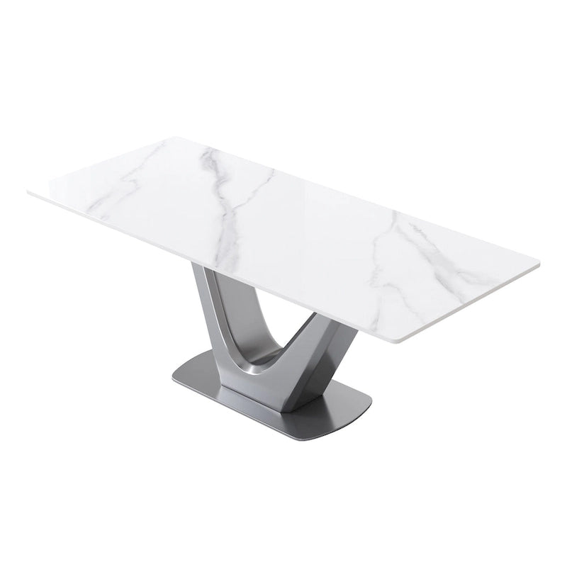 Table de salle à manger rectangulaire en pierre frittée avec piètement en V en acier inoxydable