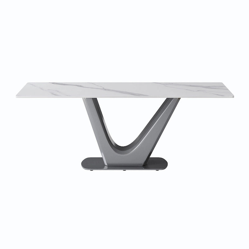 Table de salle à manger rectangulaire en pierre frittée avec piètement en V en acier inoxydable