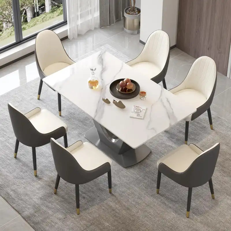 Table de salle à manger rectangulaire en pierre frittée avec piètement en V en acier inoxydable
