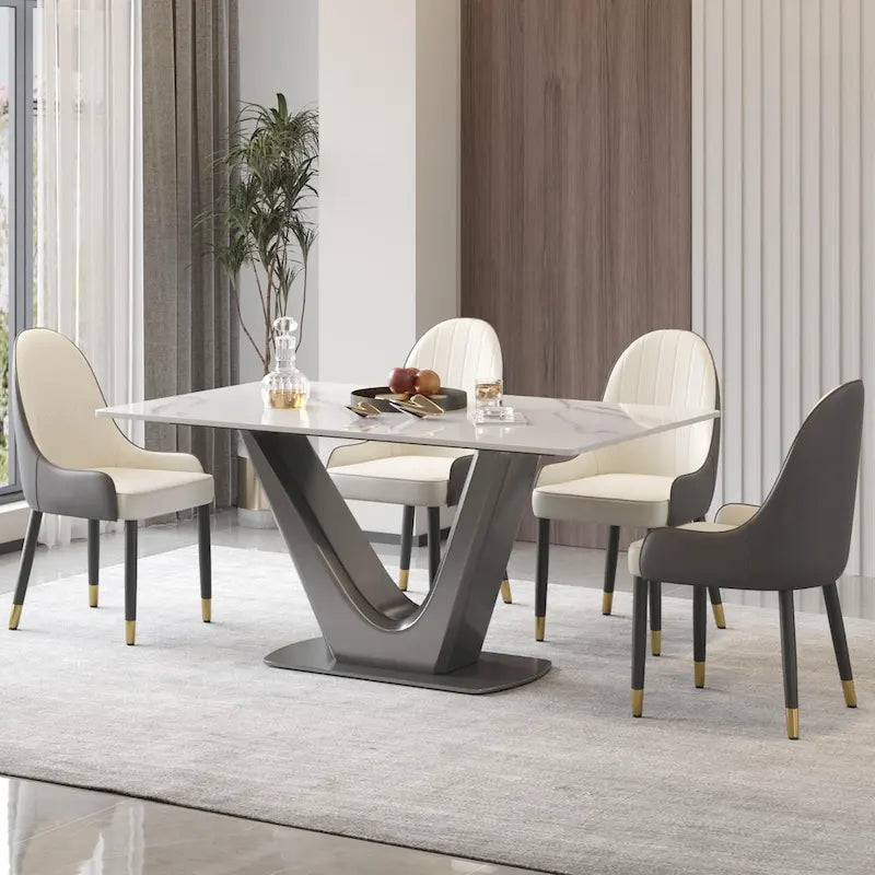 Table de salle à manger rectangulaire en pierre frittée avec piètement en V en acier inoxydable