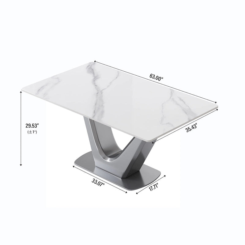 Table de salle à manger rectangulaire en pierre frittée avec piètement en V en acier inoxydable
