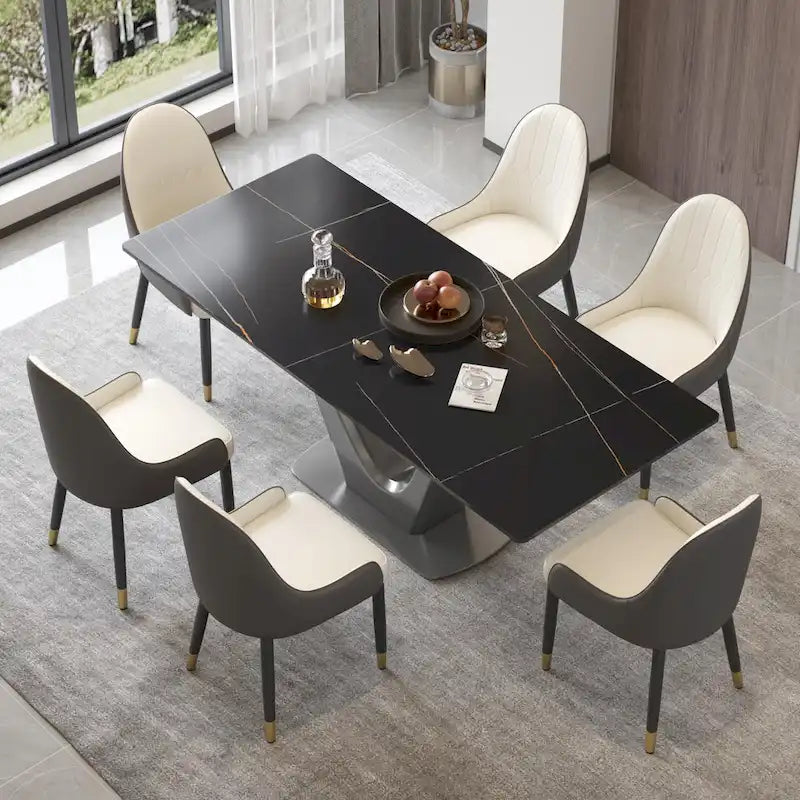 Table de salle à manger rectangulaire en pierre frittée avec piètement en V en acier inoxydable