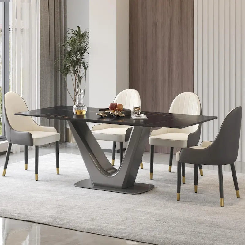 Table de salle à manger rectangulaire en pierre frittée avec piètement en V en acier inoxydable