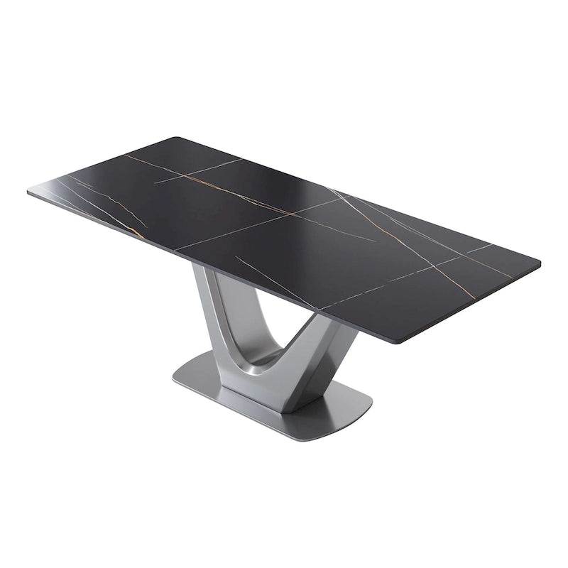 Table de salle à manger rectangulaire en pierre frittée avec piètement en V en acier inoxydable