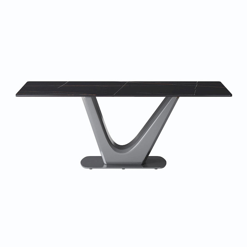 Table de salle à manger rectangulaire en pierre frittée avec piètement en V en acier inoxydable