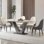Table de salle à manger rectangulaire en pierre frittée avec piètement en V en acier inoxydable
