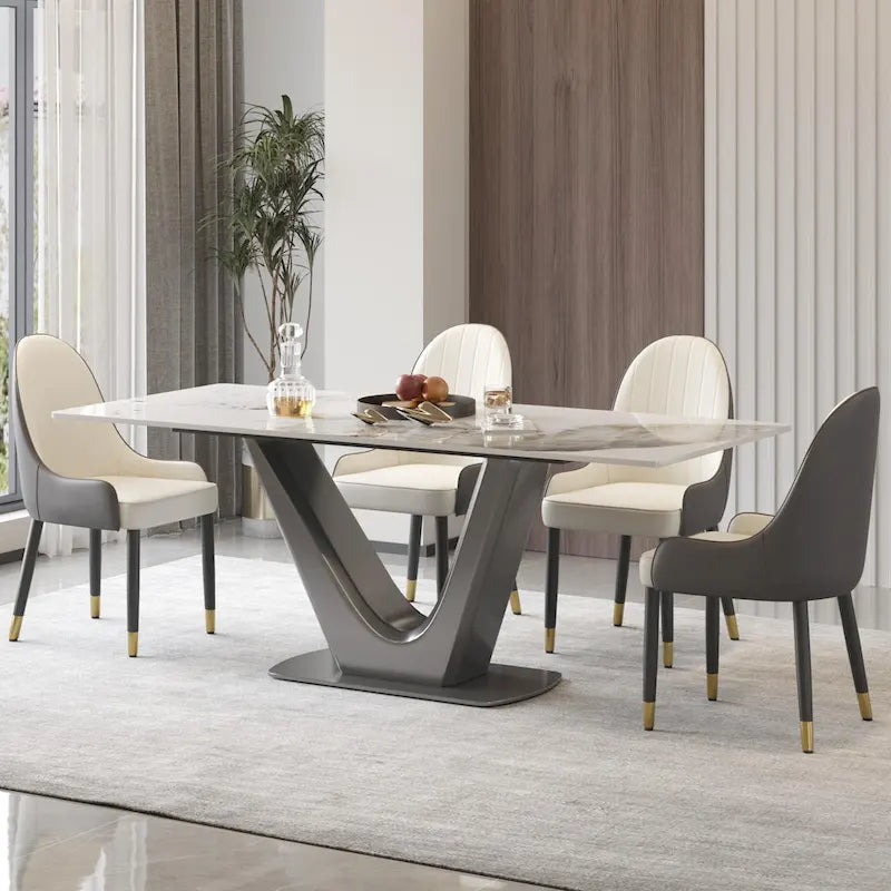 Table de salle à manger rectangulaire en pierre frittée avec piètement en V en acier inoxydable