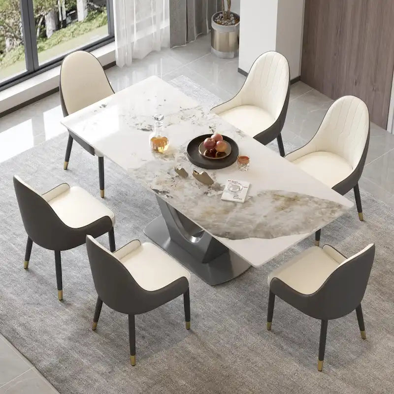Table de salle à manger rectangulaire en pierre frittée avec piètement en V en acier inoxydable