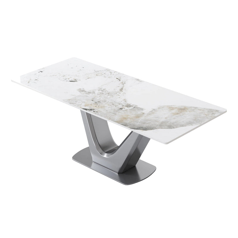 Table de salle à manger rectangulaire en pierre frittée avec piètement en V en acier inoxydable