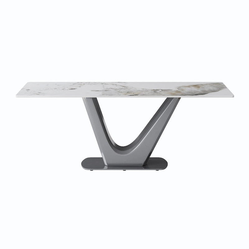 Table de salle à manger rectangulaire en pierre frittée avec piètement en V en acier inoxydable