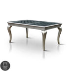 Table à manger Glam en bois avec plateau en verre, 4-6 places, finition champagne, 168 cm