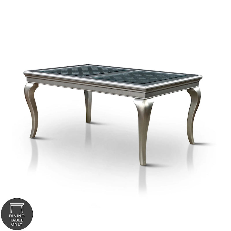 Table à manger Glam en bois avec plateau en verre, 4-6 places, finition champagne, 168 cm