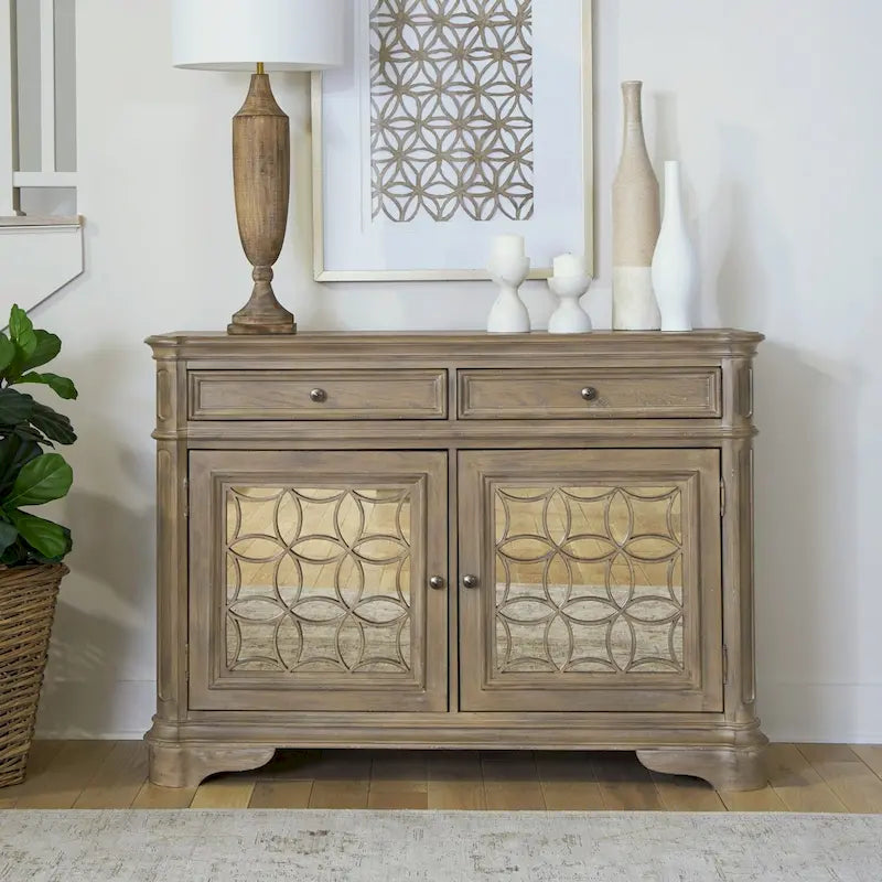 Bahut en bois avec portes miroir et tiroirs de rangement