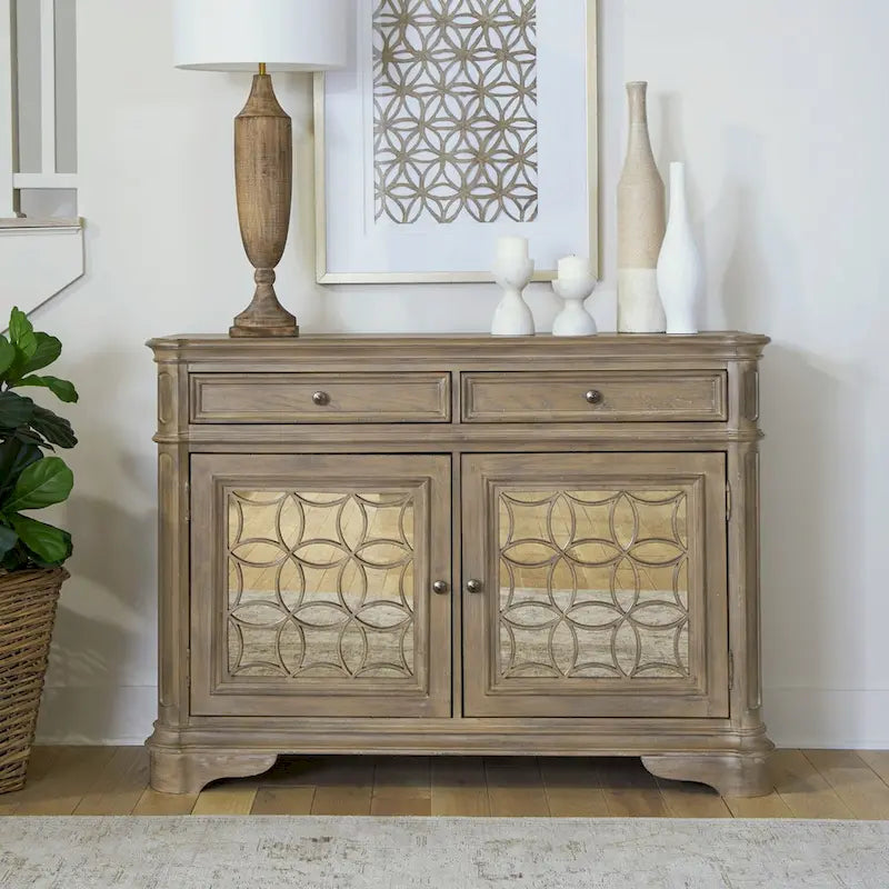 Bahut en bois avec portes miroir et tiroirs de rangement