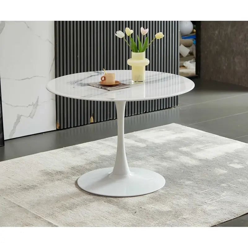 Table à manger ronde avec plateau en MDF aspect marbre, 4 à 6 places
