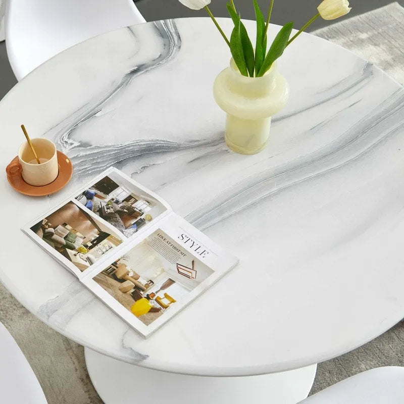 Table à manger ronde avec plateau en MDF aspect marbre, 4 à 6 places