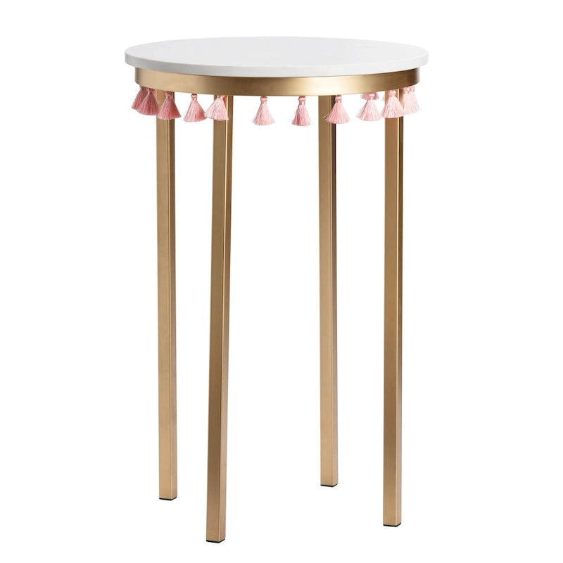 Table d'appoint en marbre avec pompons roses, 40,6 x 40,6 x 61 cm