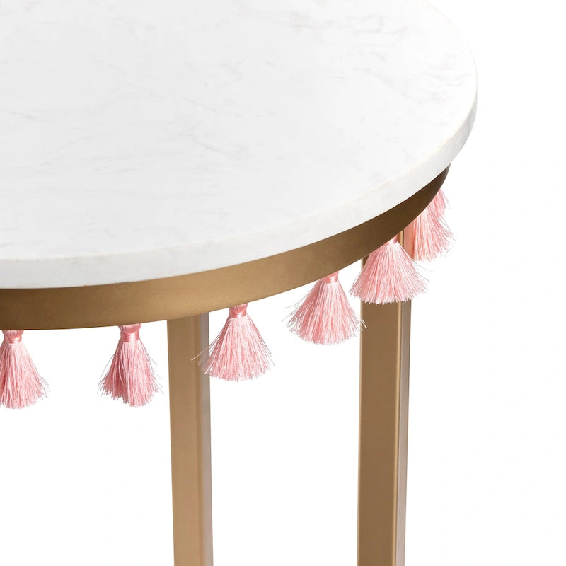 Table d'appoint en marbre avec pompons roses, 40,6 x 40,6 x 61 cm