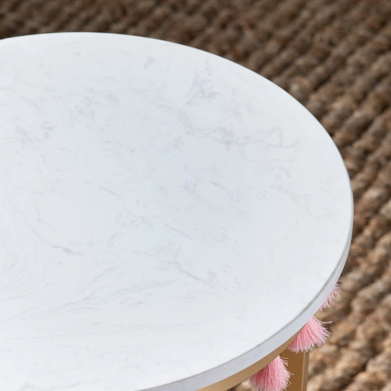 Table d'appoint en marbre avec pompons roses, 40,6 x 40,6 x 61 cm