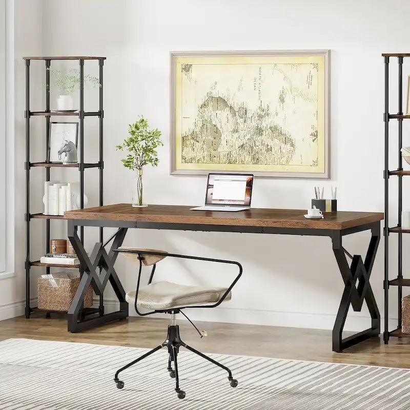 Grand bureau de 160 cm avec plateau en bois et cadre en métal