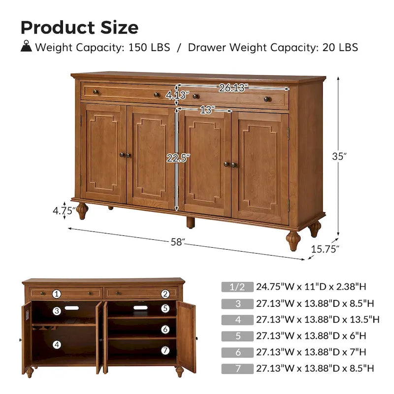 Buffet de 147 cm de large à 2 tiroirs avec étagères réglables