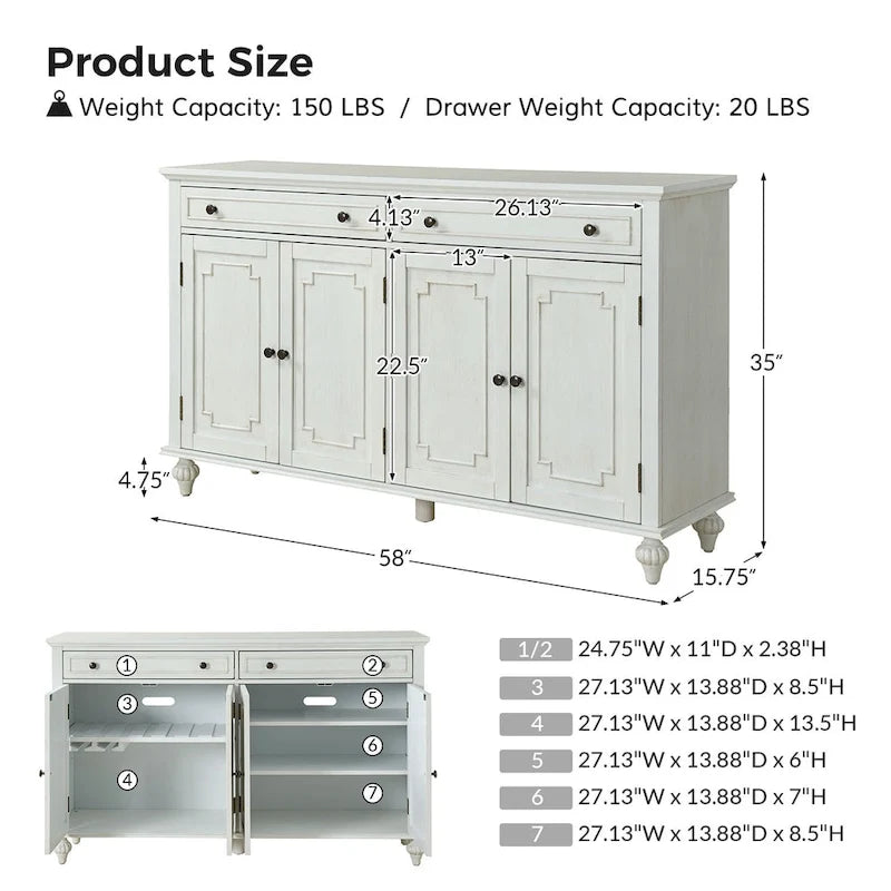 Buffet de 147 cm de large à 2 tiroirs avec étagères réglables