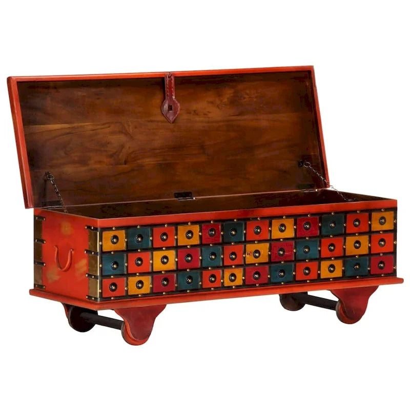 Boîte de rangement en bois d'acacia massif avec couvercle – Rouge, 110 x 40 x 40 cm